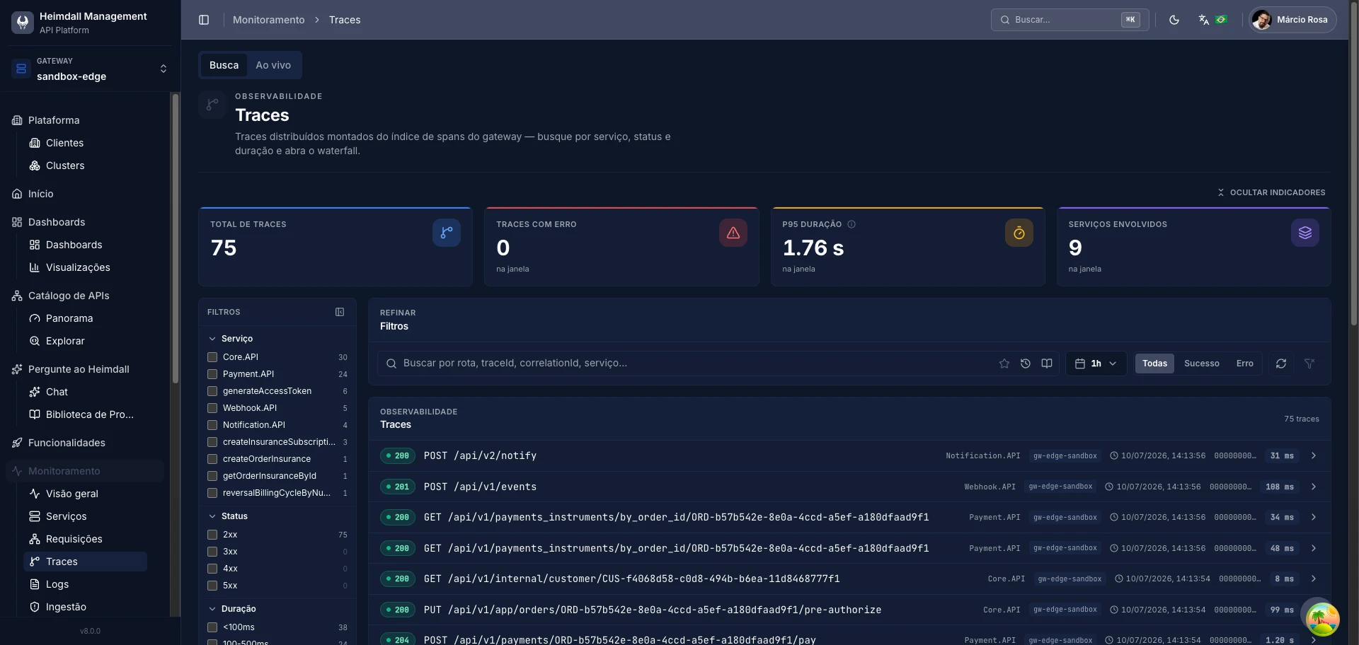 Tela de Traces do console Heimdall com indicadores e lista de rastros distribuídos